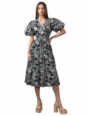 VERO MODA Women Floral Printed V-Neck Puff Sleeve Fit & Flare Midi Dress