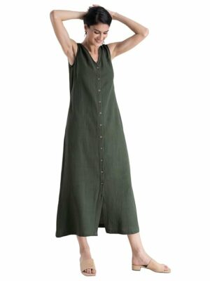 FableStreet Cotton Button Down A-Line Dress - Olive