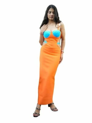 Haute Amore Callista Cutout Long Party Dress Bold Orange & Blue Color Block Cut-Out Bodycon Maxi Dress