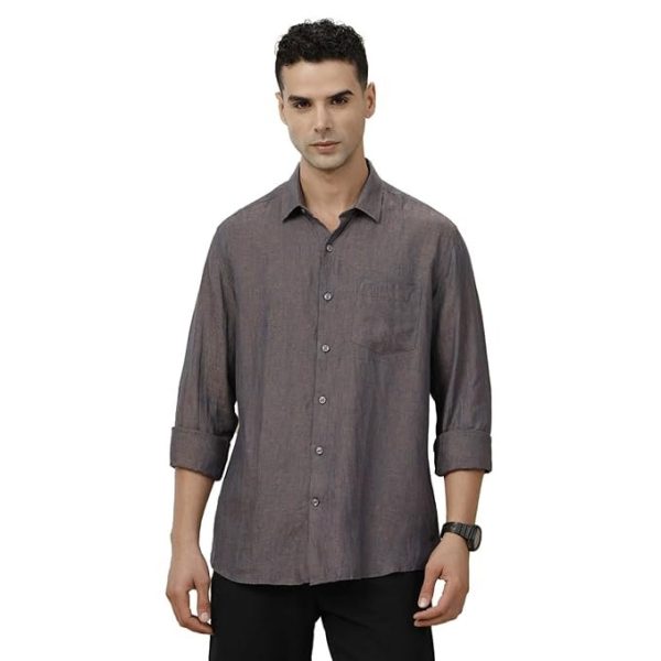 3-11.jpg Linen Club Men's Pure Linen Blue Chambray Contemporary Fit Full Sleeve Casual Shirt