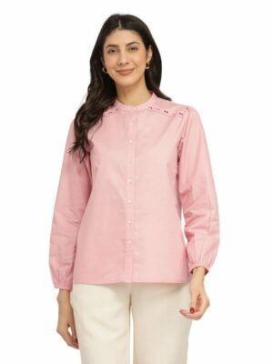 39-8.jpg FableStreet Cotton Blend Mandarin Collar Top - Pink