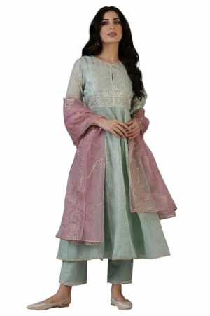 5-10.jpg W for Woman Women's Polyester Dot Printed Gota Patti Flared Kota Kurta and Pant with Dupatta Set