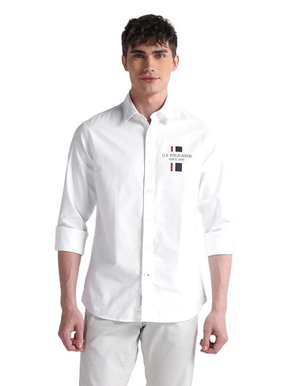 6-9.jpg U.S. POLO ASSN. Mens White Solid Collared Neck Long Sleeve Men's Casual Shirts