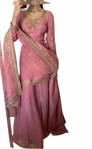7-10.jpg PORWAL CRAFT Women's Pure Chinnon Silk Embroidered Kurti with Sharara & Dupatta Set